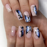 Unhas postiças de borboleta, unhas postiças médias e longas, unhas quadradas de pressão mais vendidas｜365nails