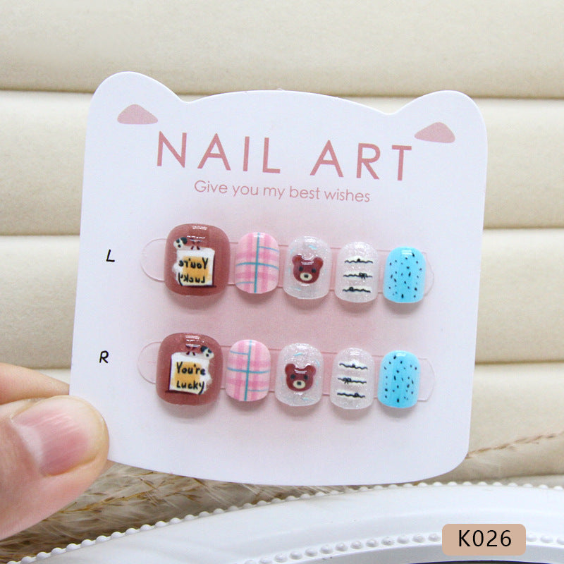 Brown three-dimensional bear fine flash cat eye blue pink kids nails｜365nails