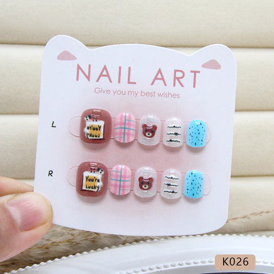 Brown three-dimensional bear fine flash cat eye blue pink kids nails｜365nails