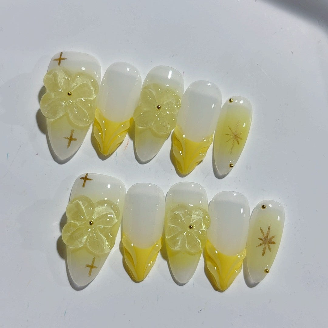 365nails-Spring Whisper: "Buttercup Bloom" – Almond Shape Handmade 3D Carved Press-On Nails