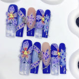 Blue Floral Sculpted Art Crystal Statement Press On Nails