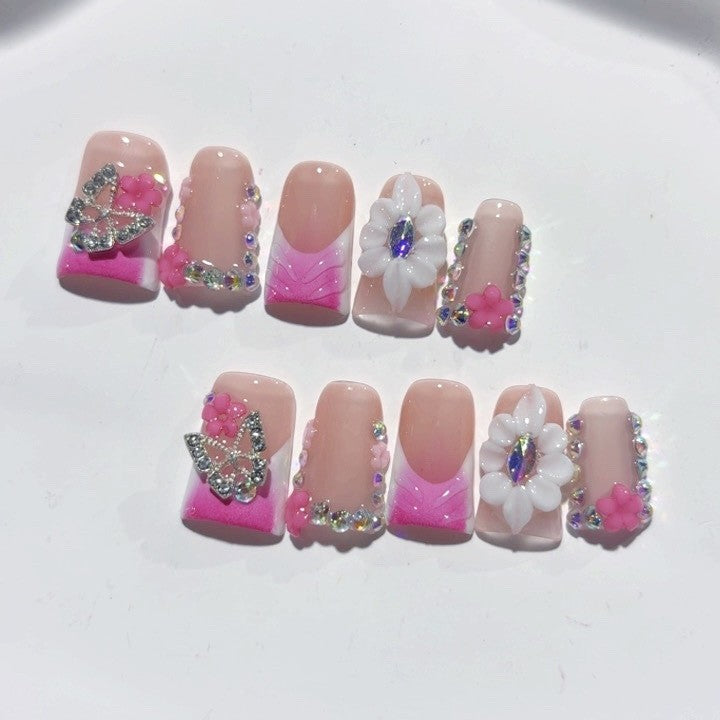 365nails-粉色蝴蝶：「花卉蝴蝶」 – 方形 手工製 3D 裝飾 穿戴甲