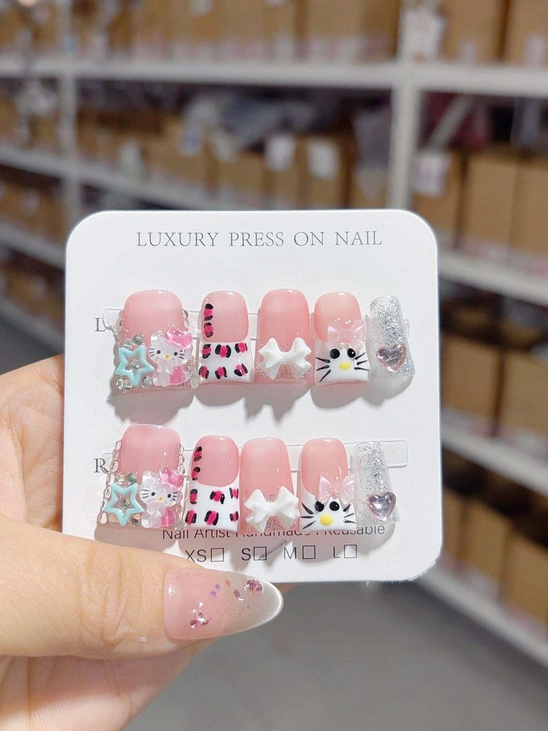 Sweet Kitty Series: "Pink Starry Kitty" – Short Square Handmade Press-on Nails