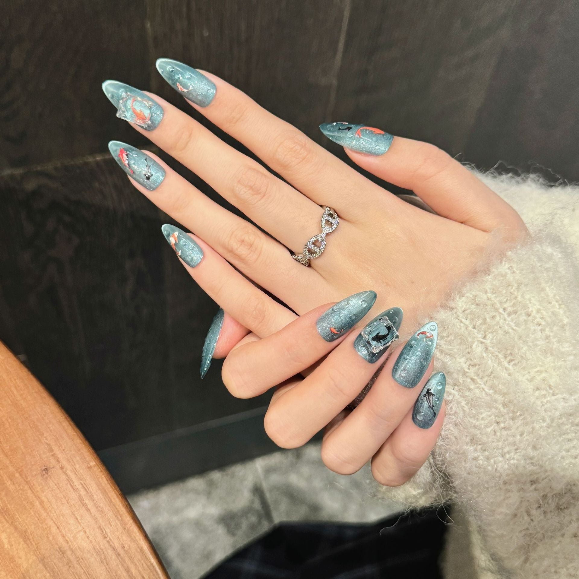 365nails: "Koi Serenity" – Hand-Painted Cat Eye Almond Nails