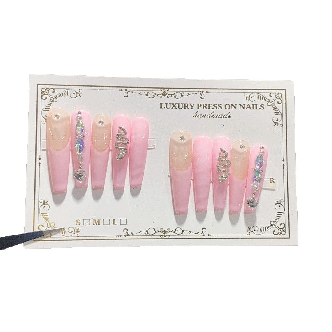 Soft Pink Snake Crystal Extra Long Coffin Press On Nails