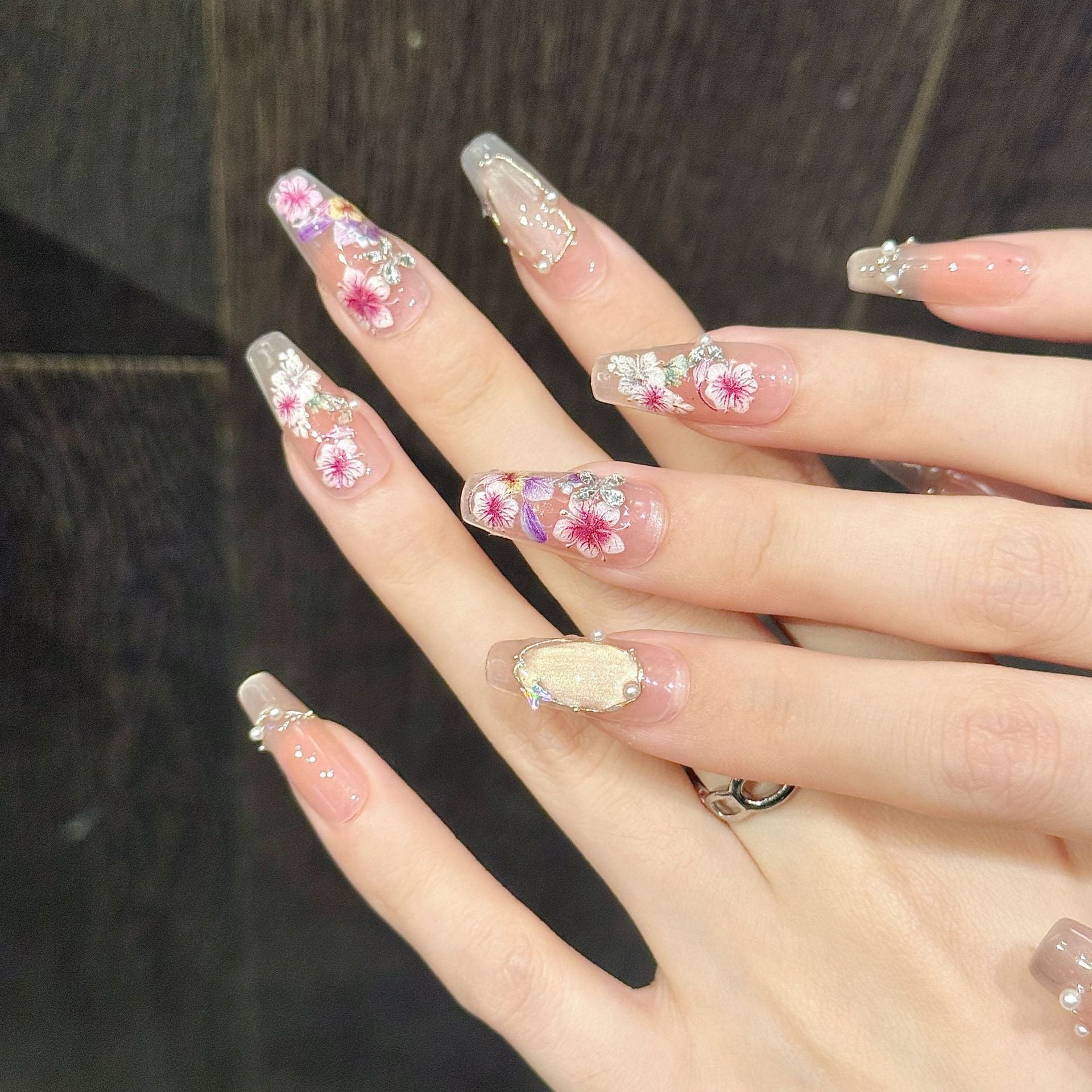 365nails: "Blossom Whisper" – 3D Floral & Pearl Handmade Square Nails