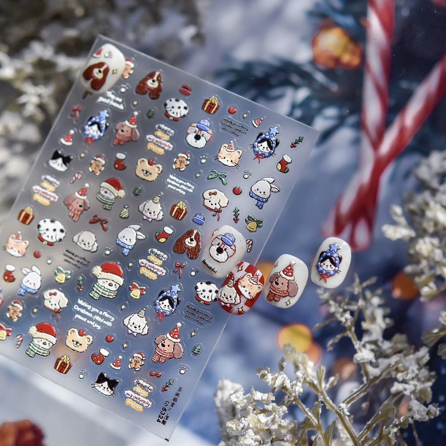Christmas Kawaii Animal & Festive Nail Sticker Set – "Winter Christmas Pals"