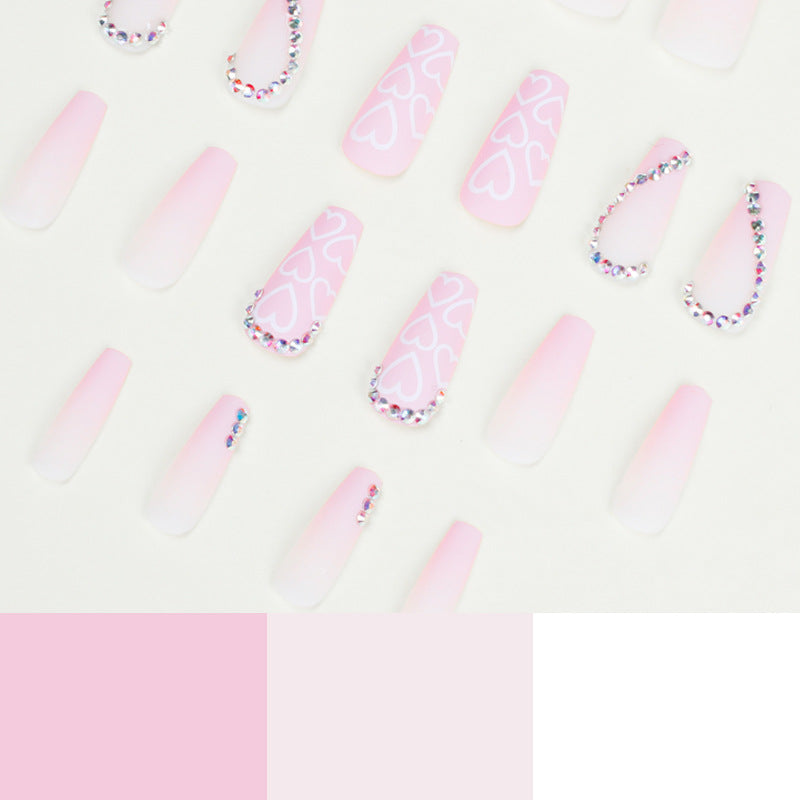 Pink love rhinestone  wholesale nail piece nail piece finished product removable ultra-thin nail piece｜365nails