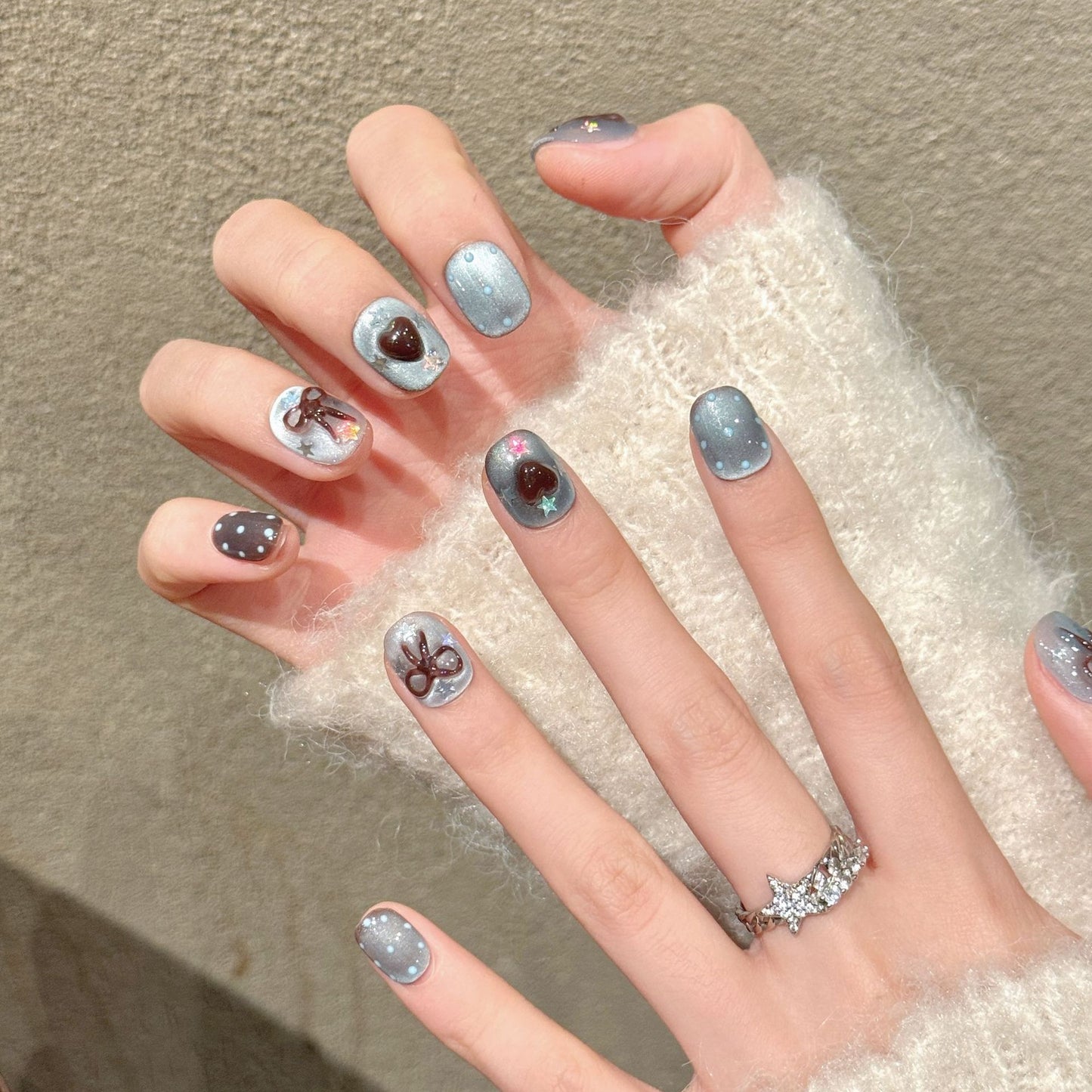 Blue Brown Bow Heart Sparkle Cute Soft Press On Nails