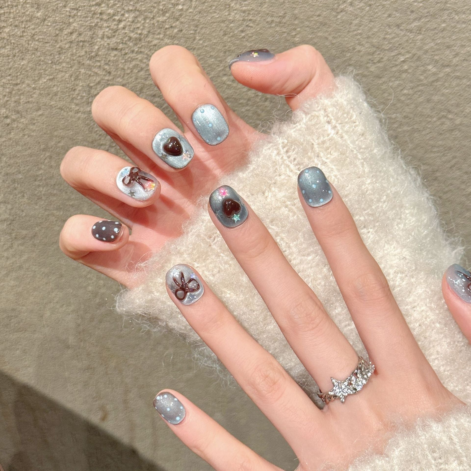 Blue Brown Bow Heart Sparkle Cute Soft Press On Nails