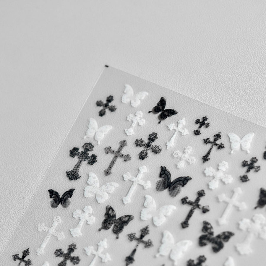Gothic Cross Butterfly Collection: "Monochrome Gothic" – 3D Embossed Nail Sticker