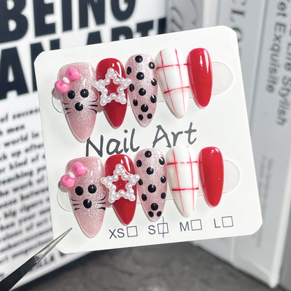 Handmade Press-on Nails Sweet and Cute Kitten cat eye  Wearable  ｜365nails