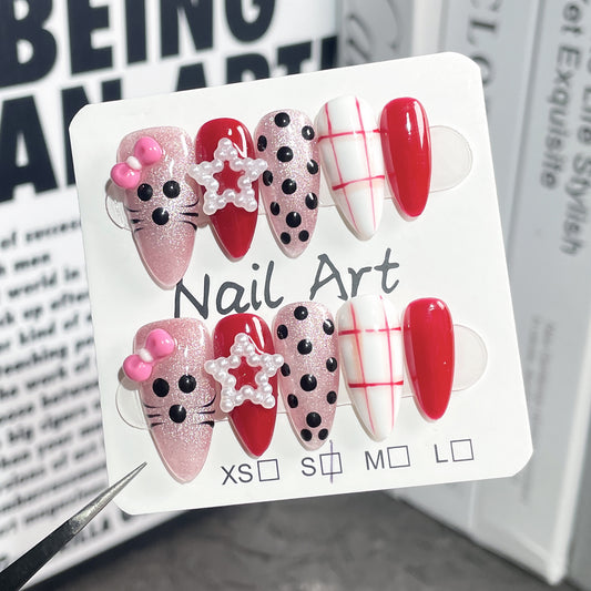 Handmade Press-on Nails Sweet and Cute Kitten cat eye  Wearable  ｜365nails
