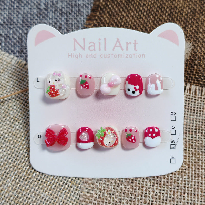 365Nails: "Strawberry Hello Kitty Wonderland" – Handmade Cute Short Oval Press On Nails With Hello Kitty & Strawberry Design
