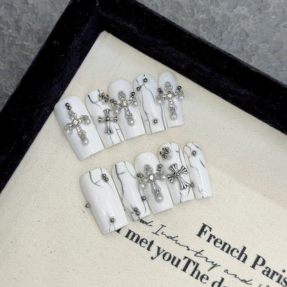 War nails White Rectangular Cross Sticked Diamond Steel Ball Hand Painted Niche Spice Girl press-on nails handmade press on nails Art Removable | 365nails