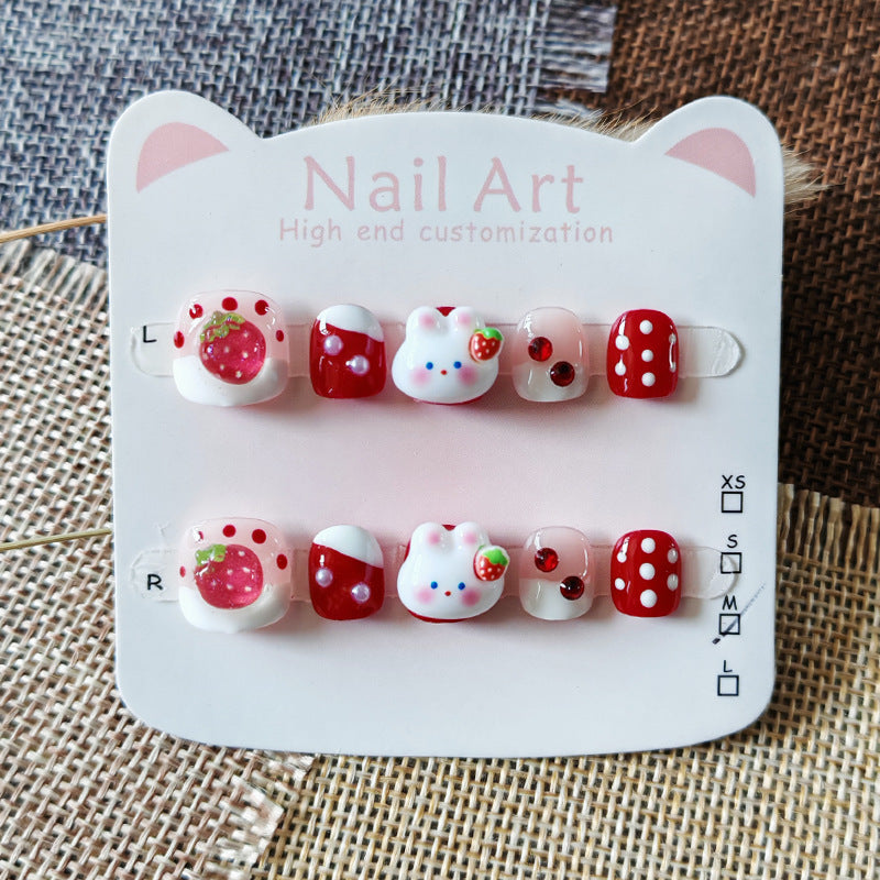 365nails: "strawberry sweetheart bunny" – short round handmade kids press-on nails