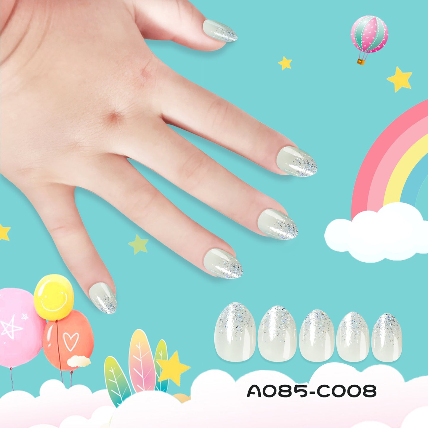 Kids press-on nails Pointed almond gradual change glitter powder little girl princess manicure sticker 24 pieces