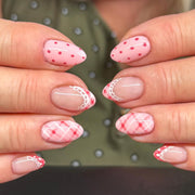 Short Almond Press On Nails with Pink Base & Red Polka Dot & Plaid Accents