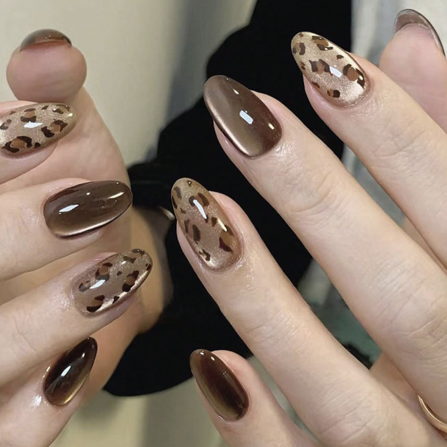Brown Leopard Gradient Almond Nails With Glossy Finish