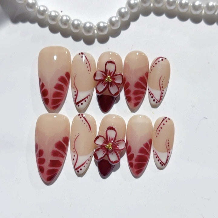 Fleur vintage : « Orchidée bordeaux » – Ongles press-on forme amande