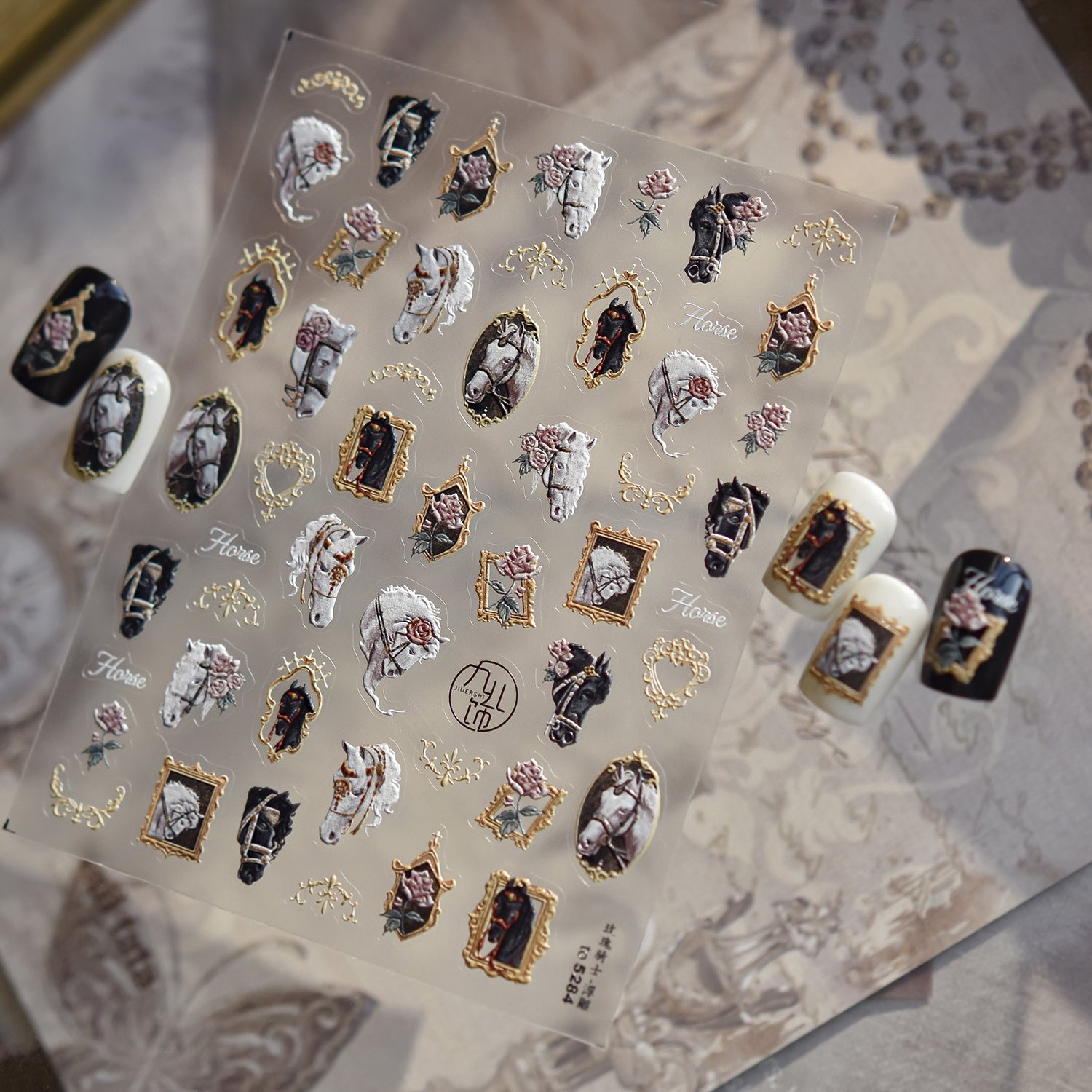 Vintage Horse Portrait Collection: "Baroque Equestrian" – 3D Embossed Nail Sticker