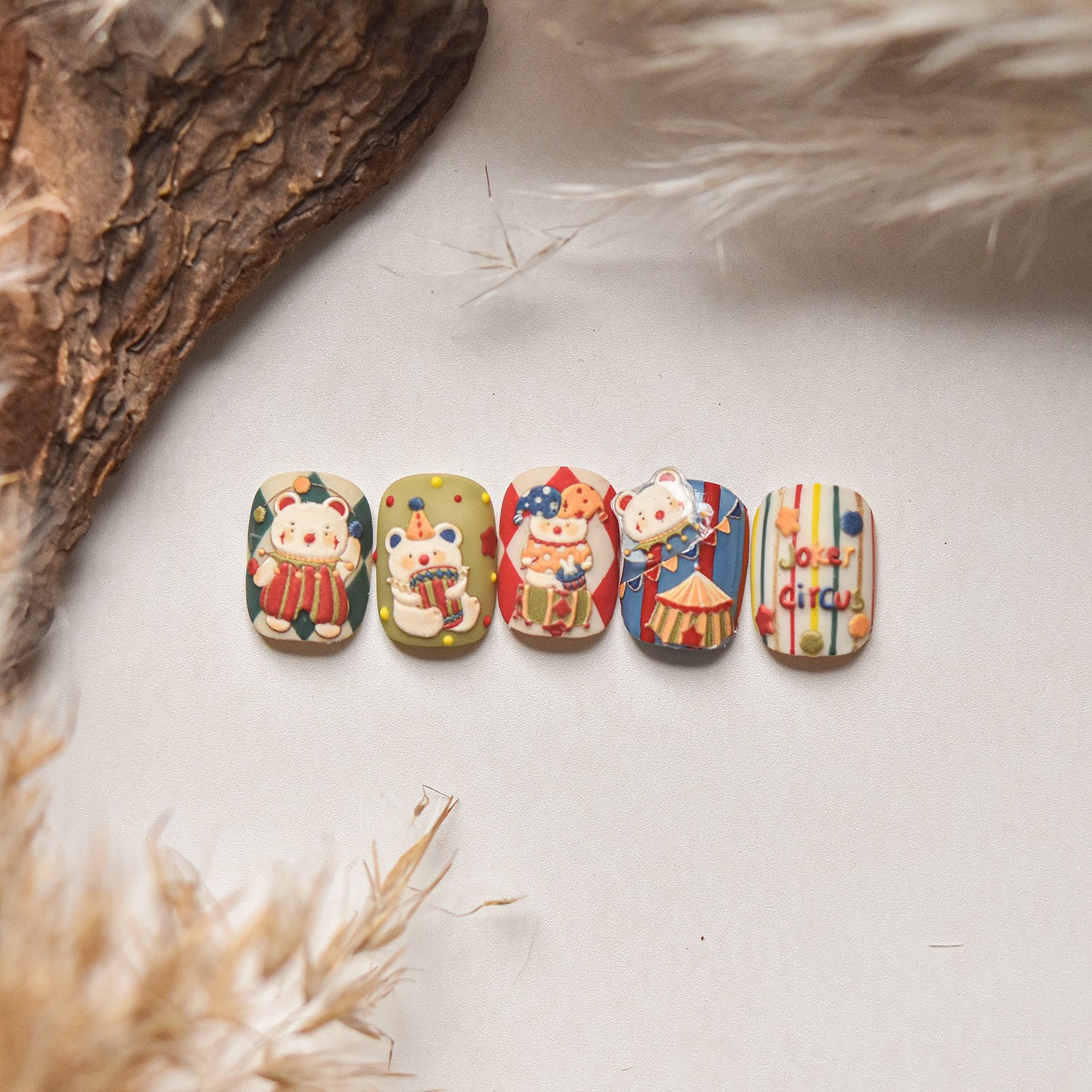 Circus Bear Nail Stickers – 5D Embossed Whimsical Carnival Set