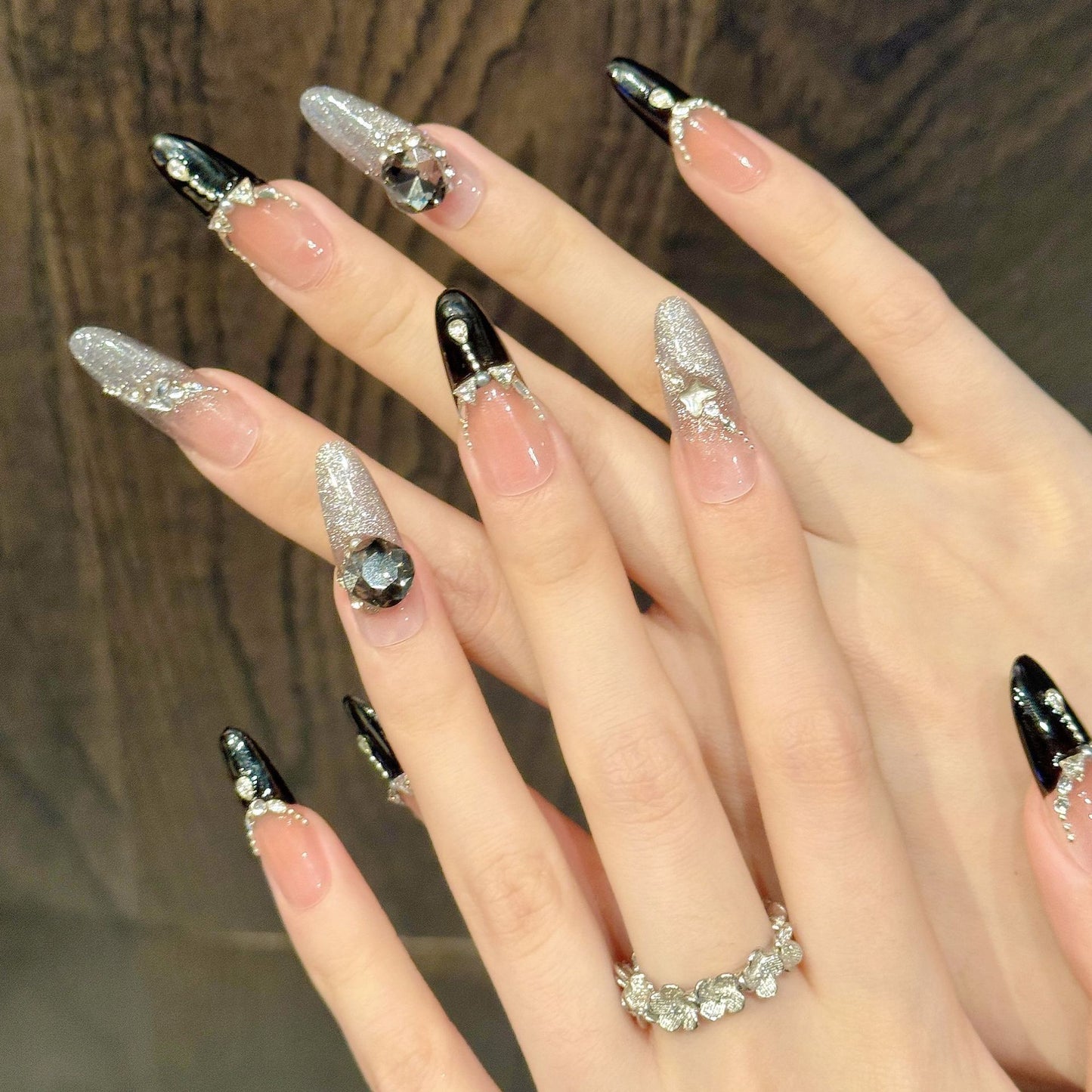 365nails: "Midnight Soirée" – Glitter French Tip & 3D Gem Handmade Long Almond Nails