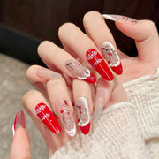 365nails: "Plum Blossom Snow" – Hand-Painted Ink & Red French Tip Handmade Almond Nails