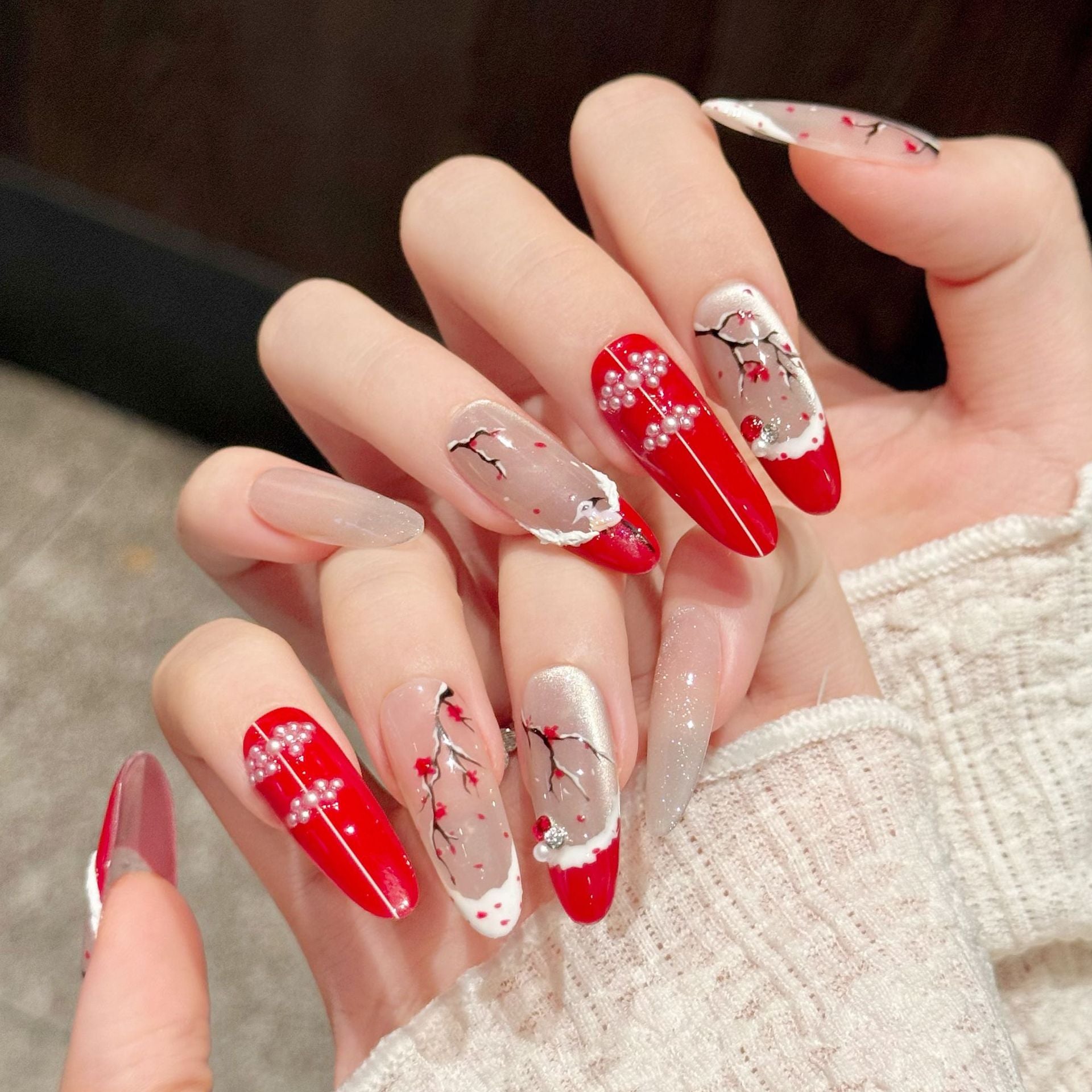 365nails: "Plum Blossom Snow" – Hand-Painted Ink & Red French Tip Handmade Almond Nails