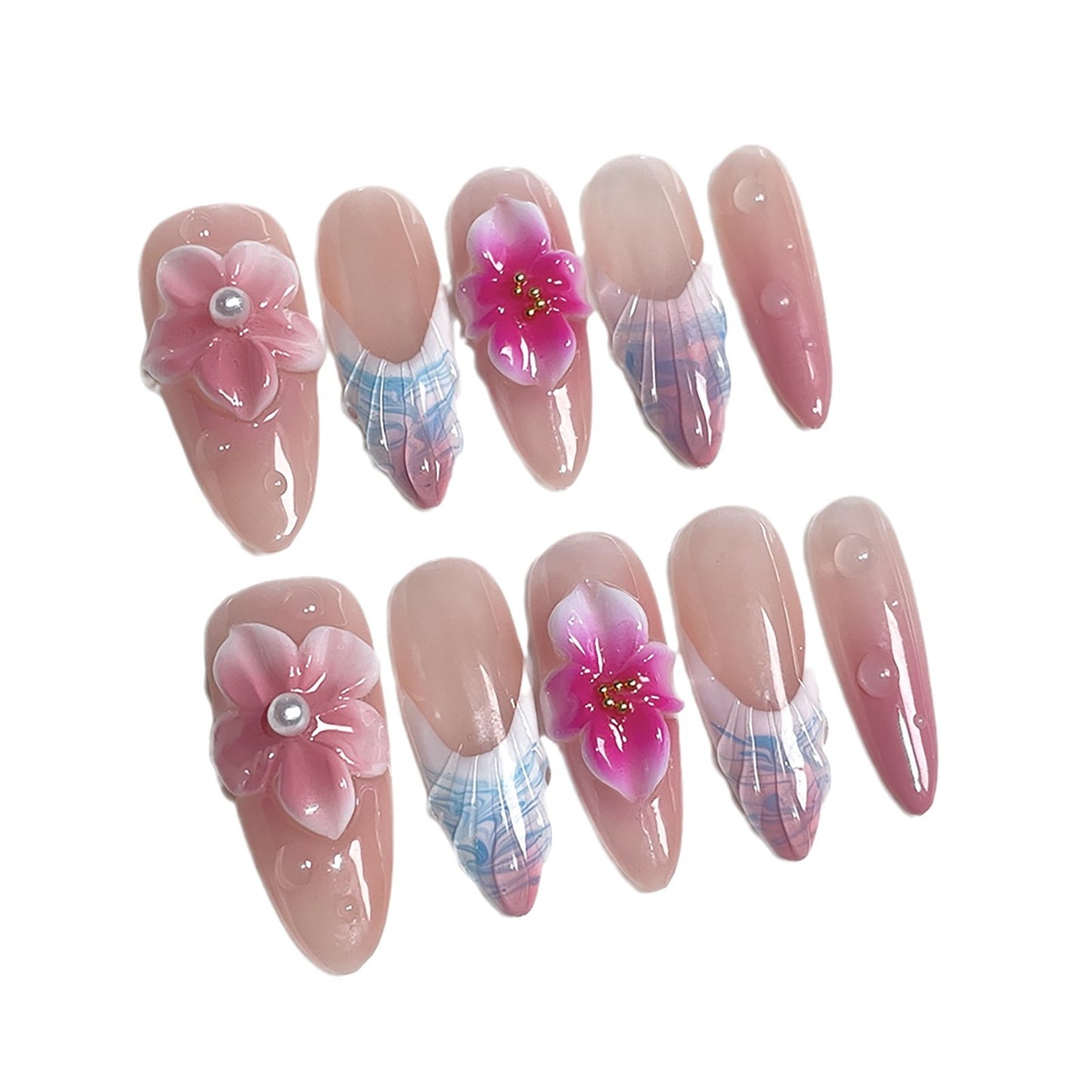 Uñas postizas hechas a mano, diseño francés con rubor, transparente, talla tridimensional, punta larga, parche, venta al por mayor | 365nails
