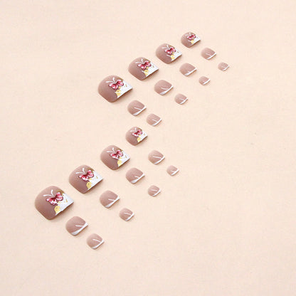 Puro deseo Uñas postizas para los pies a presión, manicura francesa blanca, lindas uñas postizas de mariposa rosa, para usar Uñas postizas para los pies a presión, pieza de uña postiza｜365nails