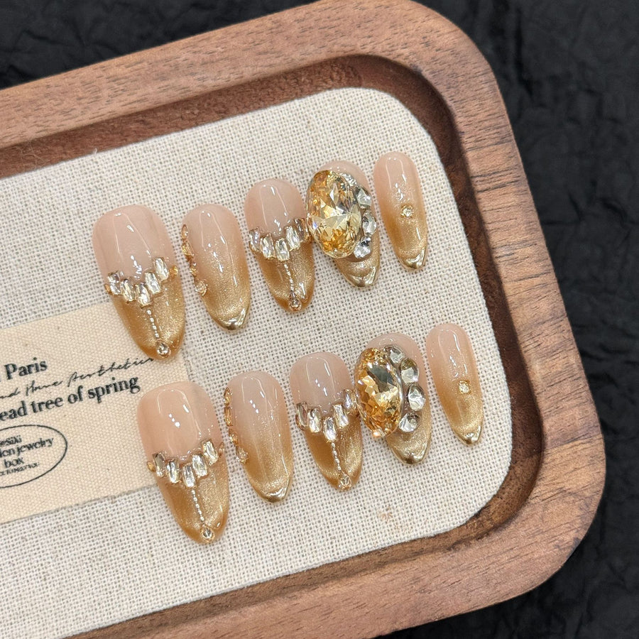 365nails: "Champagne Luxe" – K9 Crystal & Cat Eye Handmade Almond Nails