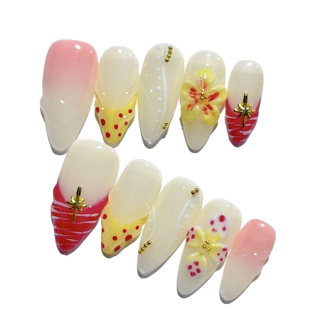 365nails：「草莓花卉波普」– 中長款杏仁形黃紅色水果花卉手工製穿戴甲