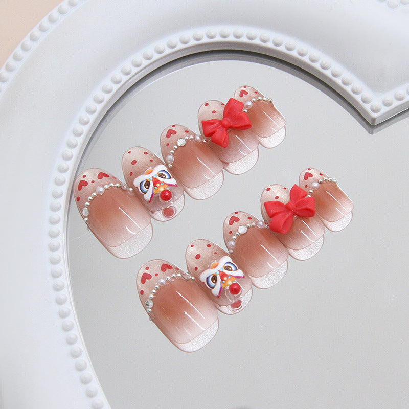 Manicura extraíble con efecto ojo de gato color champán, lazo francés con rubor, danza del león, perla, destello de diamante, 30 piezas｜365nails