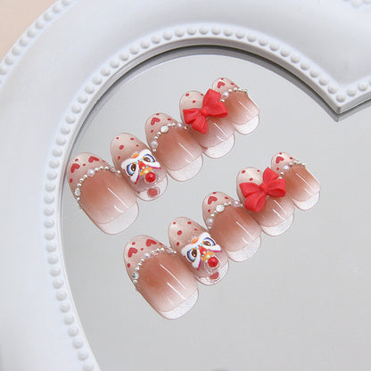 Champagne cat eye French blush bow lion dance pearl flash diamond   removable manicure 30 pieces｜365nails
