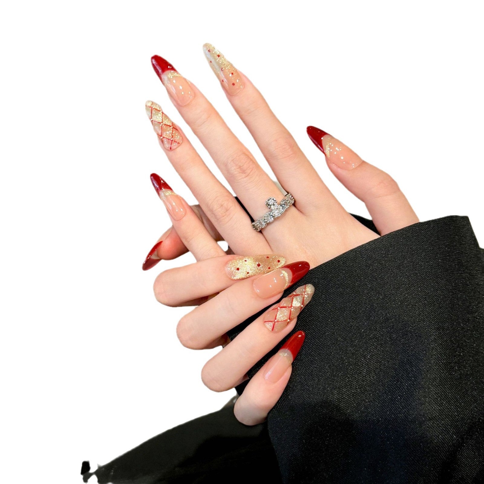 365nails: "Red Velvet Romance" – Handcrafted French Tip & Plaid Almond Nails