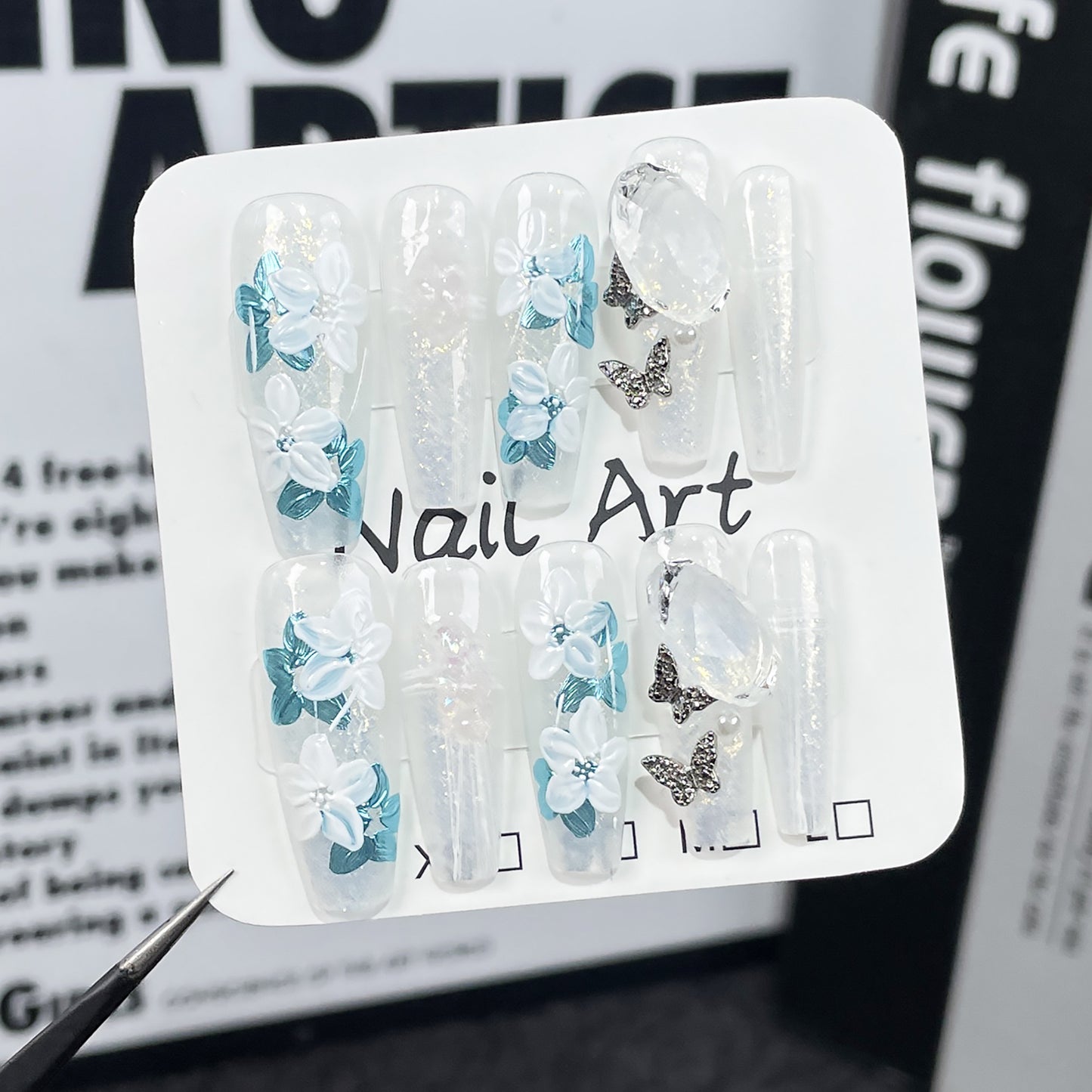 Handmade press-on nails ice through hand-painted flowers extended nail patch wearable nail sticker wholesale｜365nails