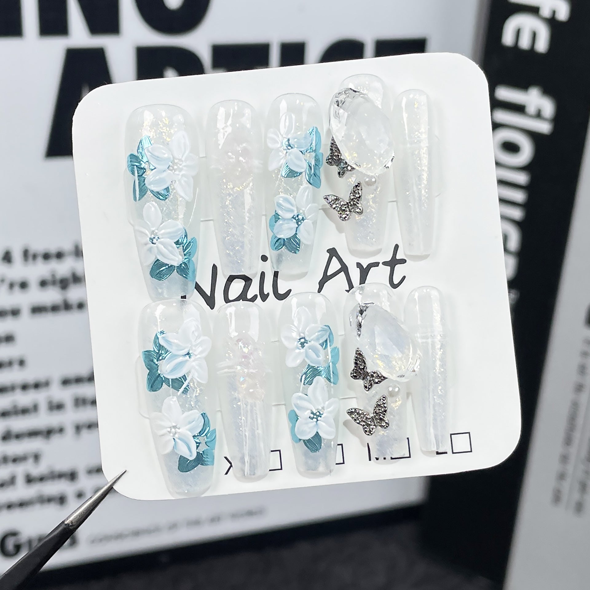 Handmade press-on nails ice through hand-painted flowers extended nail patch wearable nail sticker wholesale｜365nails