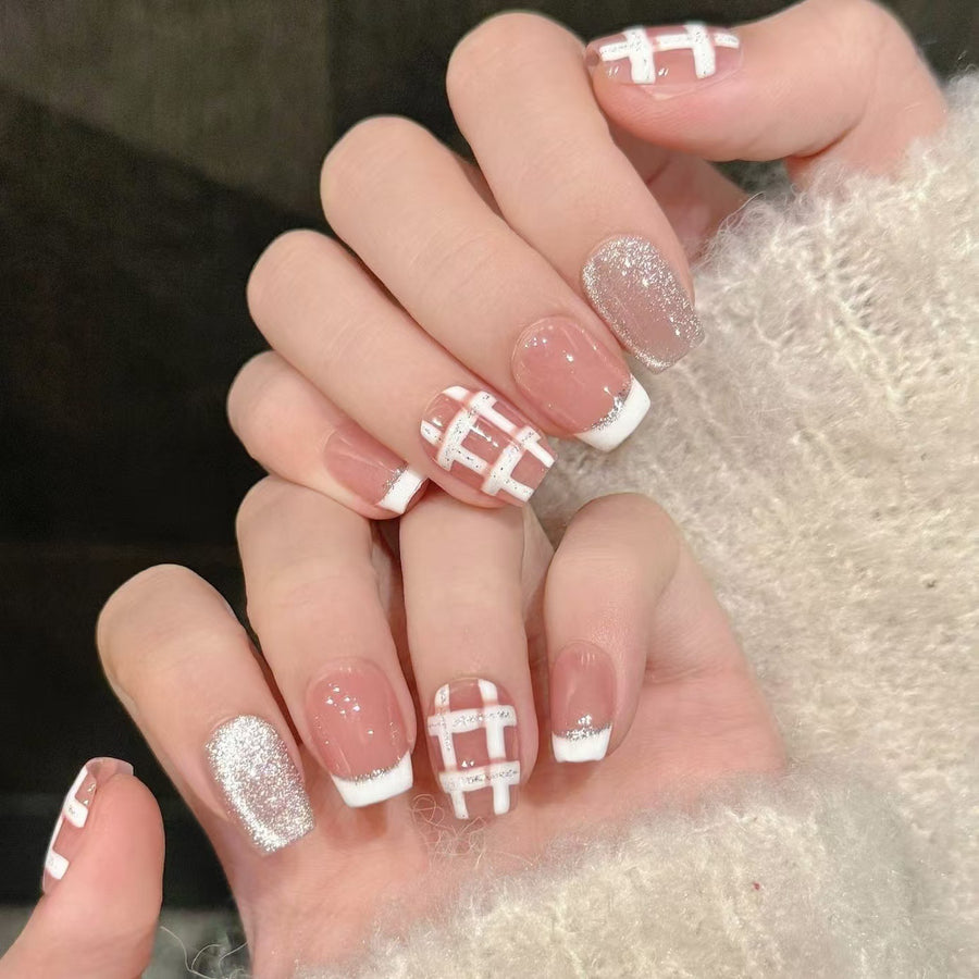 365nails: "Chic Plaid" – Hand-Painted French Tip & Glitter Handmade Square Nails