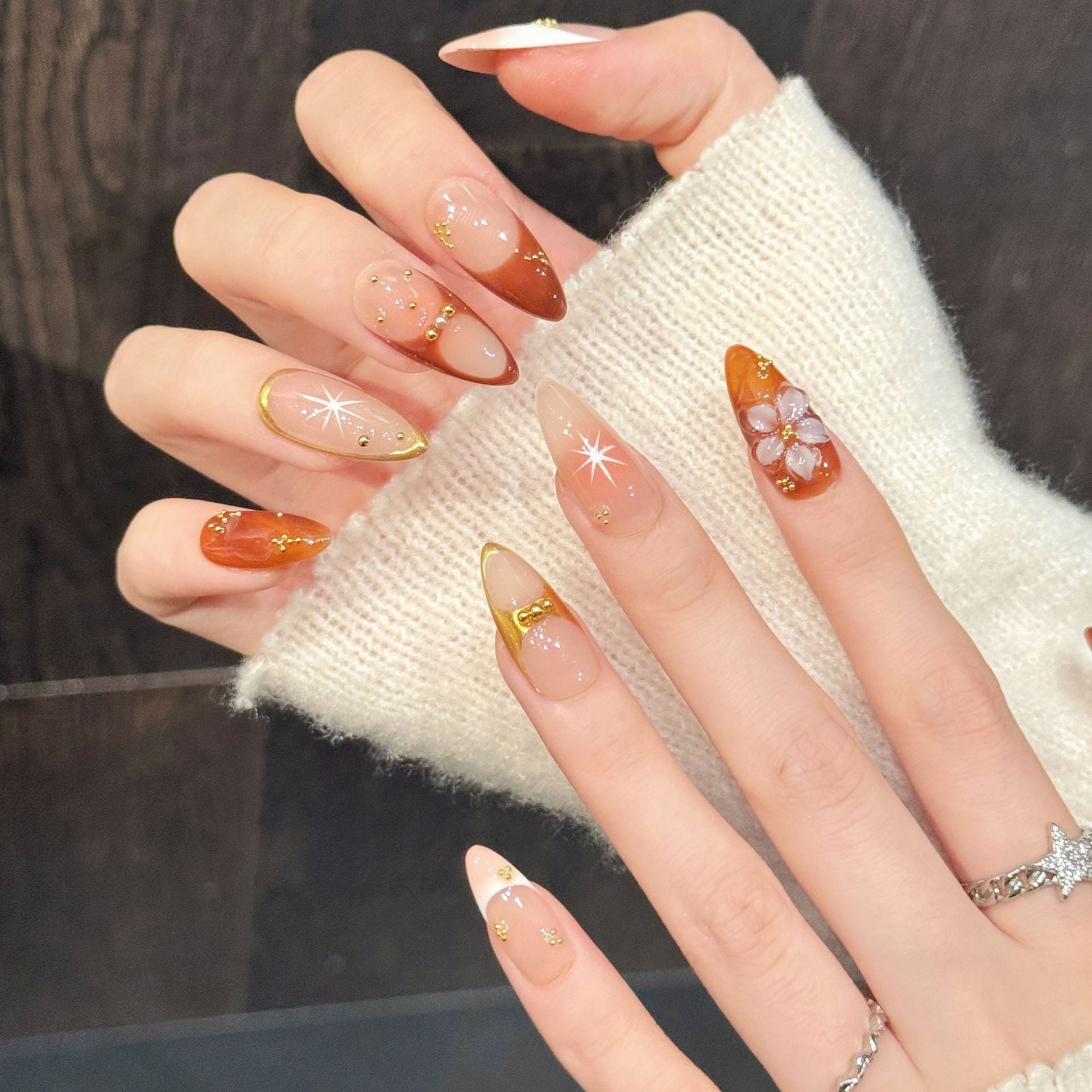 Peach Gold Gradient Floral Press On Nails