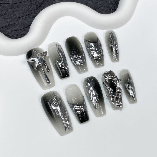 Handmade press-on nails spray gun irregular gradual change metal contrasting color medium and long nail patch wearable nail sticker｜365nails