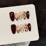 Cute Kitty Bow Leopard Burgundy Nude Art Nails Set