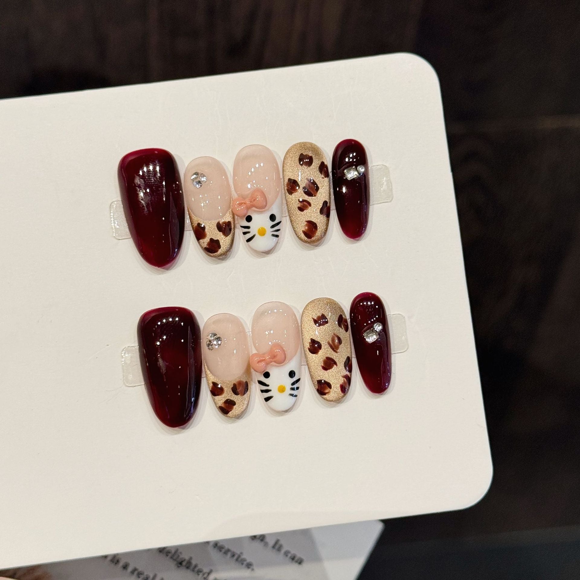 Cute Kitty Bow Leopard Burgundy Nude Art Nails Set
