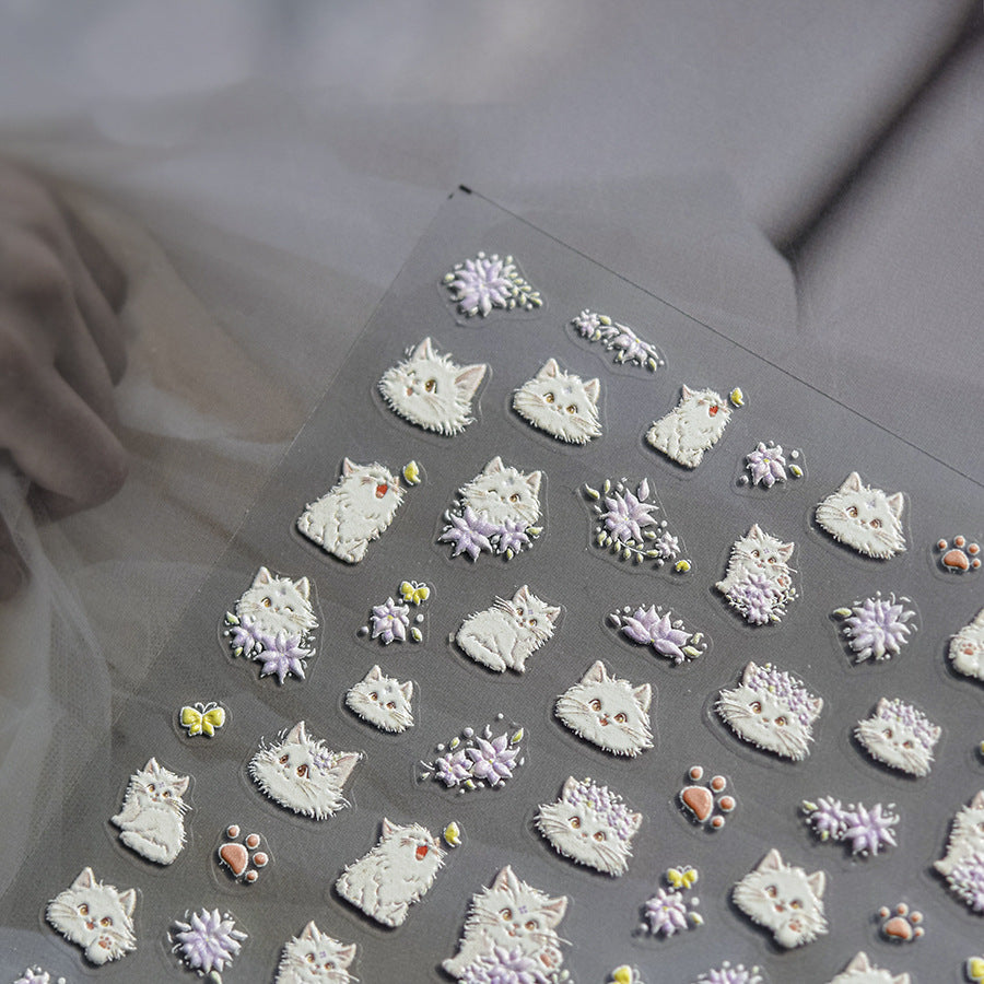 Fluffy White Cat & Floral – 5D Embossed Cute Nail Art Set