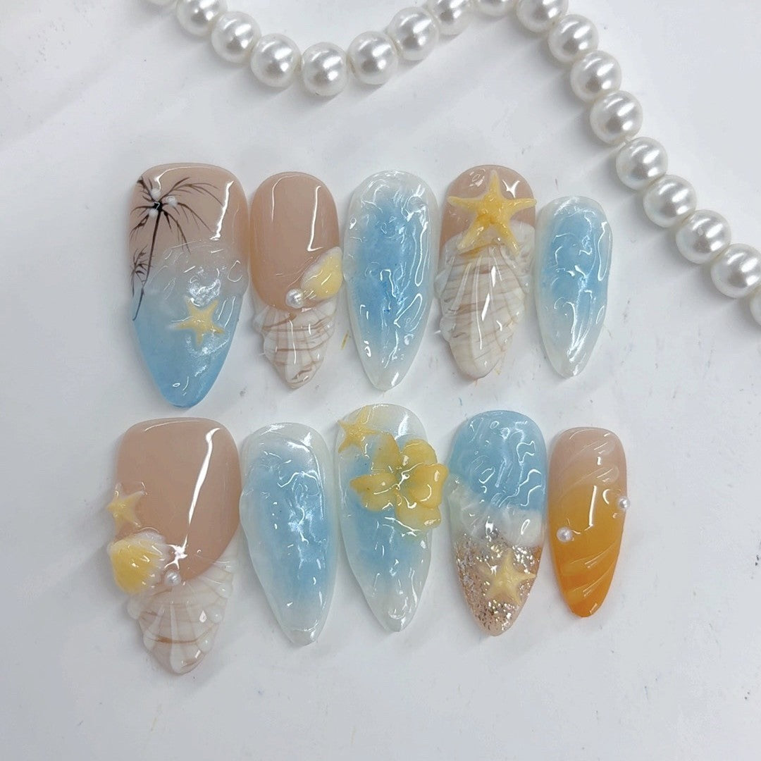 365nails-Ocean Treasure：「貝殼海星」– 杏仁形 手工製 3D 刻雕 穿戴甲