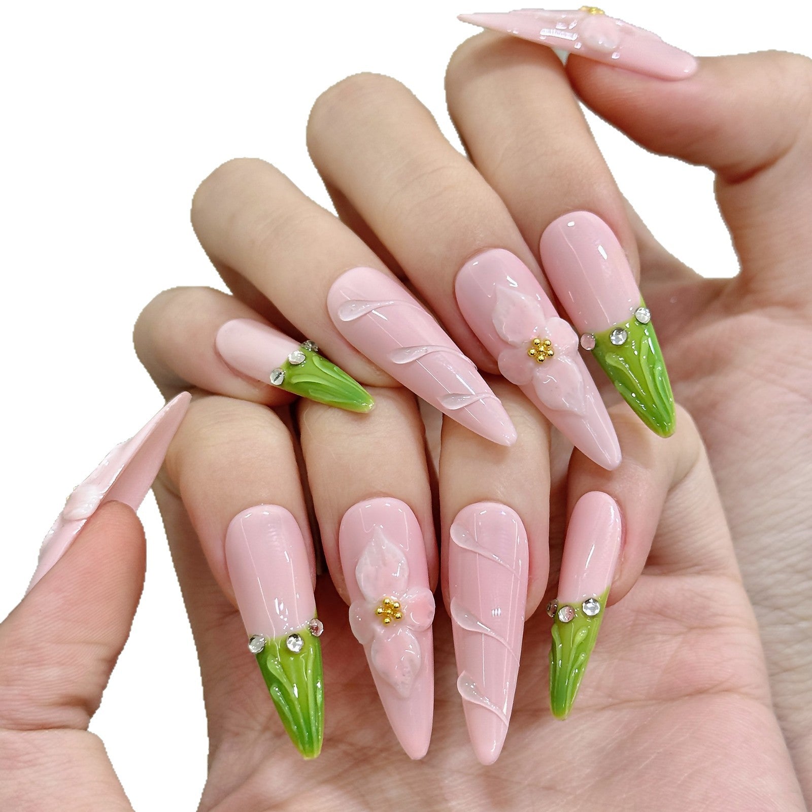 Pure Handmade Carved Pink Premium Nail Art Almond Nail Europe and America | 365nails