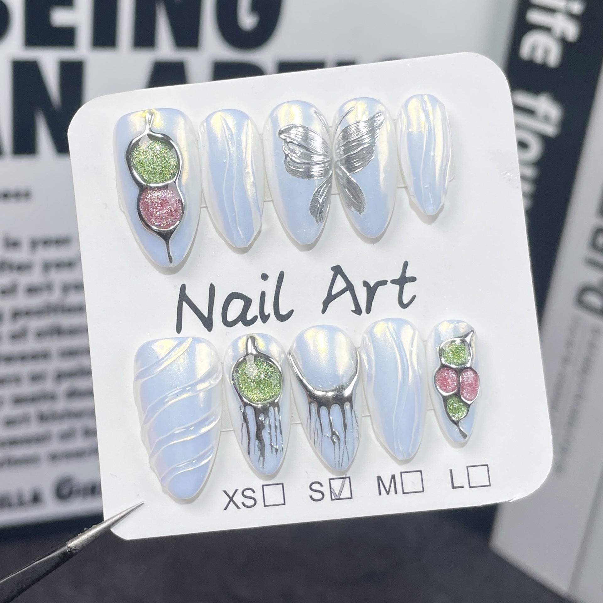 Aurora Sculpted Nails with Metallic Detail and Gem Cat-Eye Accents