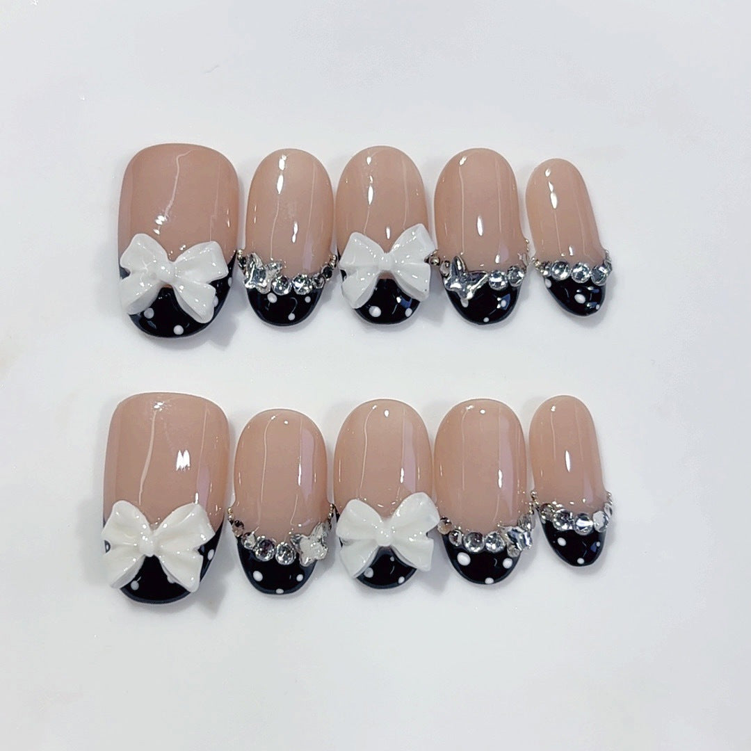 Bow & Pearl: "Black French Bow" – Square Shape Handmade Press-On Nails