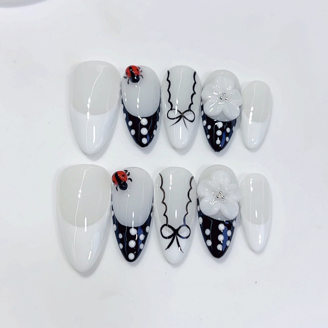 Ladybug Elegance: "Monochrome Floral" – Almond Press-On Nails