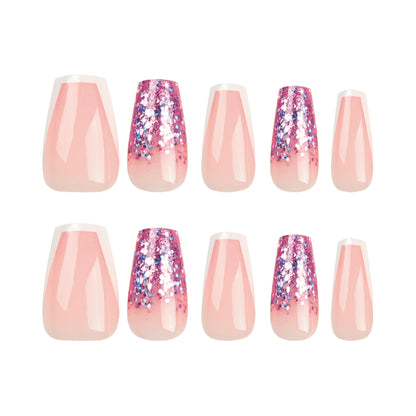 New nude French white edge press on nails colorful purple glitter sequins nail piece ballet nail piece wholesale｜365nails